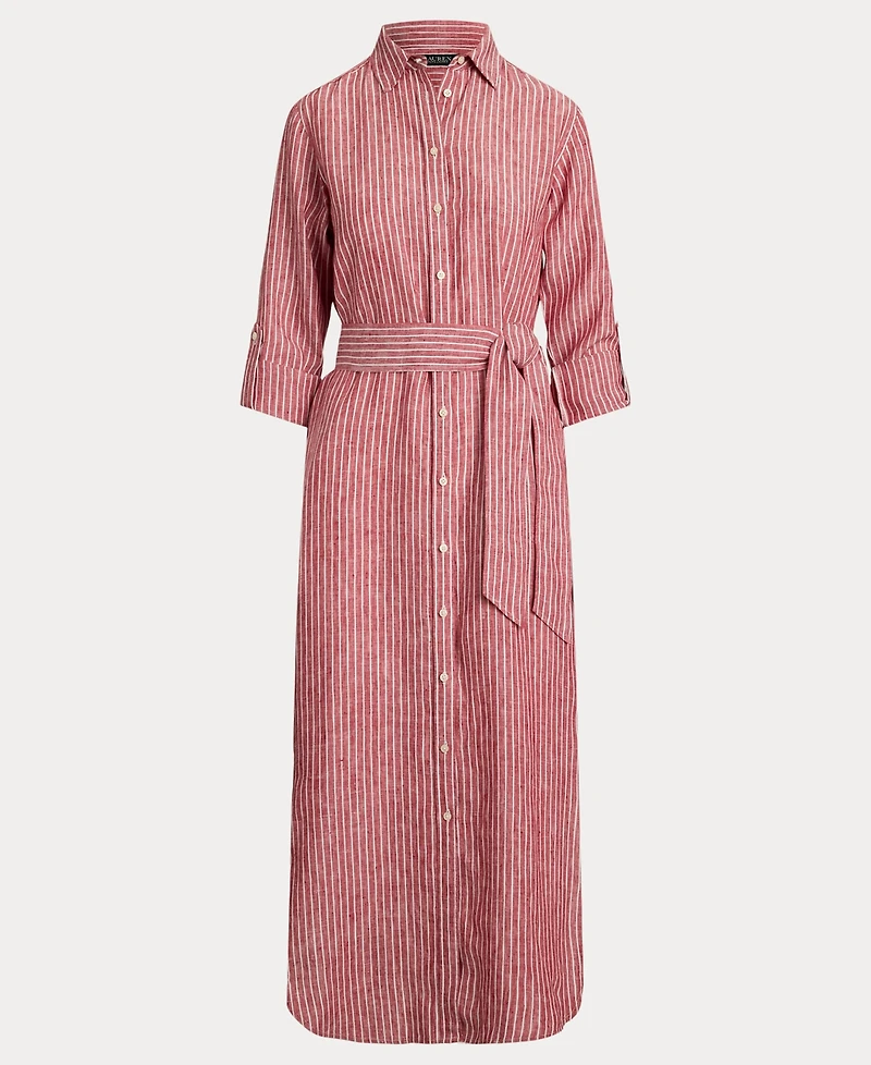 Lauren Ralph Women's Striped Linen Roll-Tab-Sleeve Shirtdress