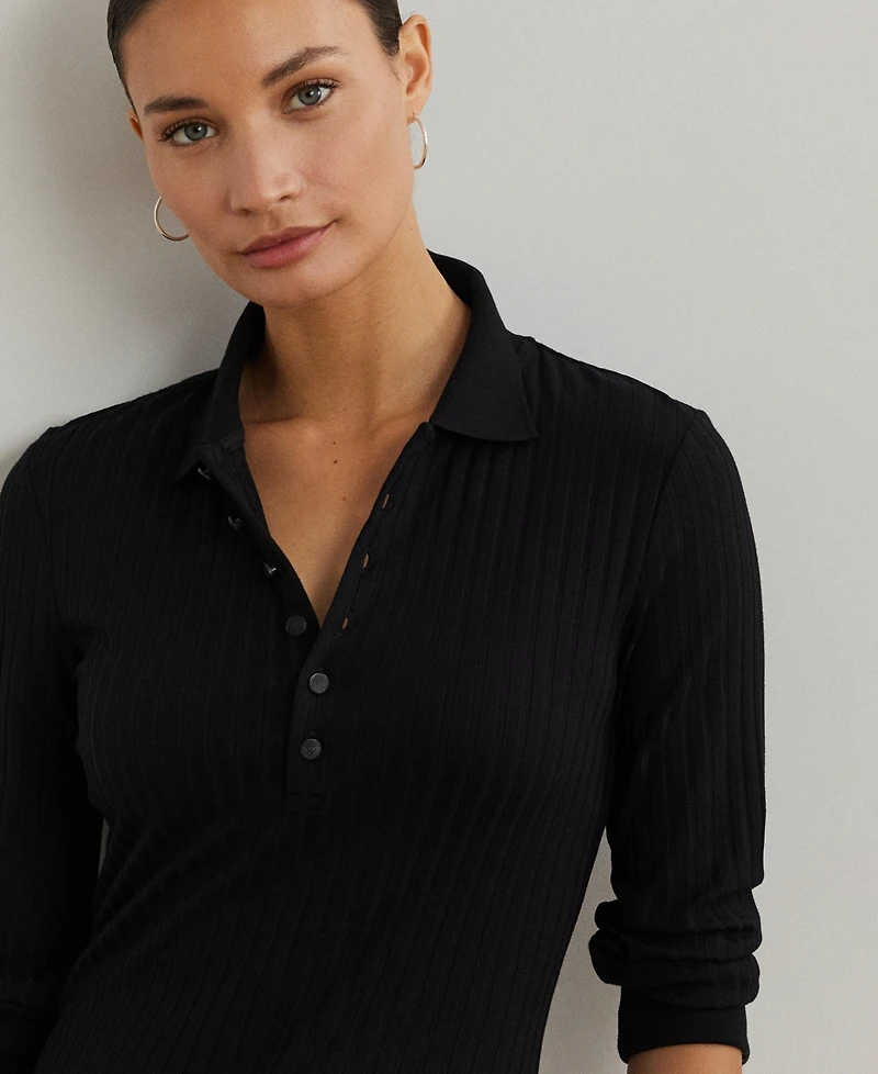 Lauren Ralph Women's Rib-Knit Three-Quarter-Sleeve Polo Shirt
