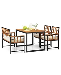 Gymax 4 Pcs Acacia Wood Patio Dining Set w/ 1 Rectangular Table 1 Loveseat & 2 Armchairs
