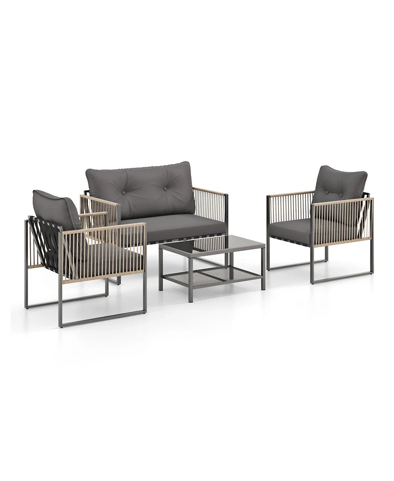 4 Pieces Outdoor Pe Rattan Conversation Sofa Set with Cushions
