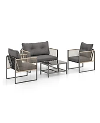 4 Pieces Outdoor Pe Rattan Conversation Sofa Set with Cushions