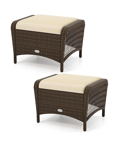 Set of 2 Outdoor Patio Pe Wicker Ottomans with Removable Cushions