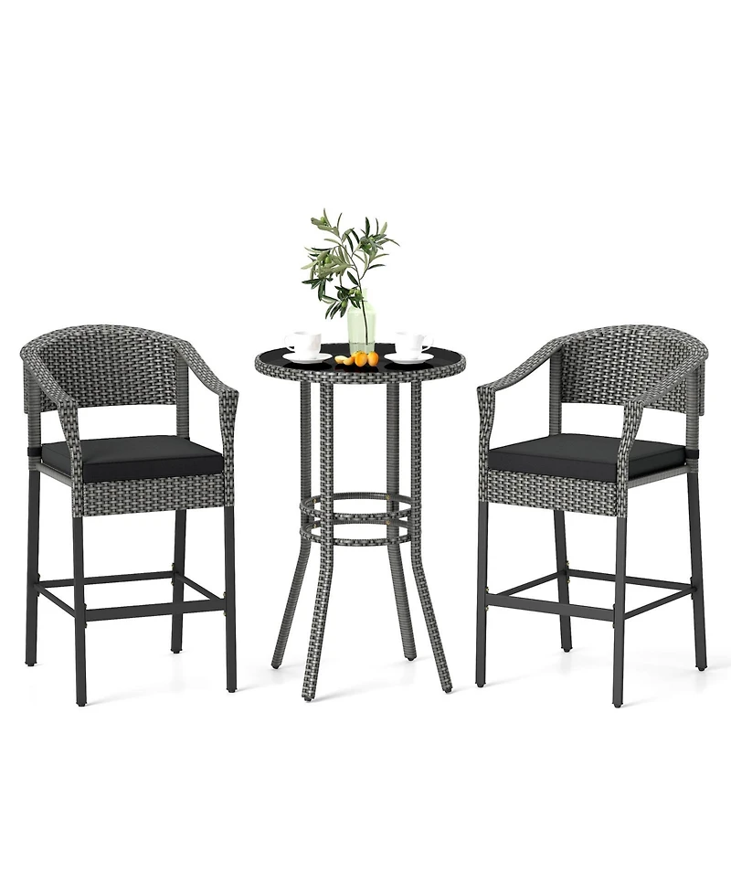 3-Piece Patio Rattan Bar Set with Tempered Glass Top for Backyard Poolside-Gray