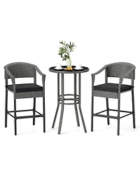3-Piece Patio Rattan Bar Set with Tempered Glass Top for Backyard Poolside-Gray