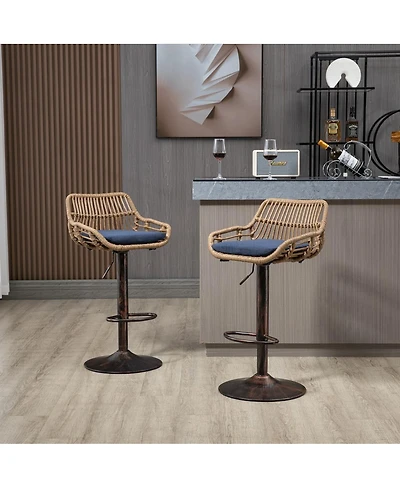 Set of 2 Modern Adjustable Swivel Bar Stools with Woven Back, Cushioned Seat, Counter Height Footrest for Kitchen-The Pop Home