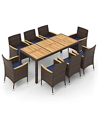 9 Pieces Outdoor Wicker Dining Set, Patio Dining Furniture Set with Acacia Wood Table and 8 Armchairs,Outdoor Table and Chairs Set with 2” Umbr