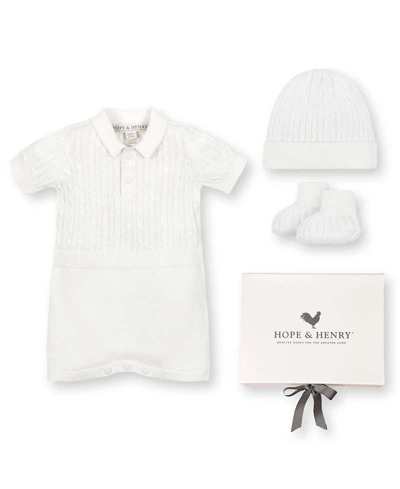 Hope & Henry Baby 4 Piece Cable Shortie Romper, Beanie, & Bootie Boxed Gift Set