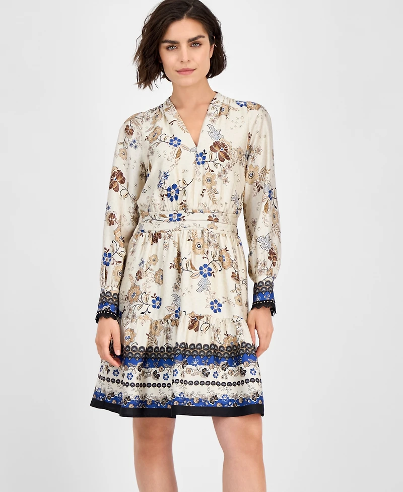 Anne Klein Women's Printed Long-Sleeve Fit & Flare Dress