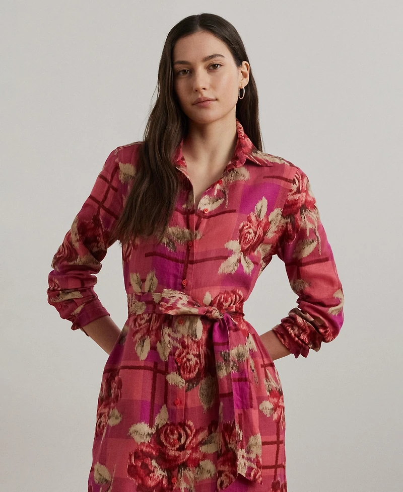 Lauren Ralph Women's Floral Checked Linen Shirtdress