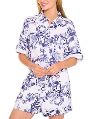 CeCe Women's Printed Cotton Collared Button-Front Shirt