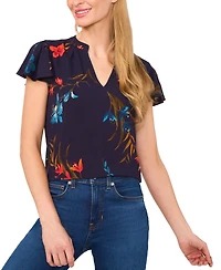 CeCe Women's Floral-Print Flutter-Sleeve Top