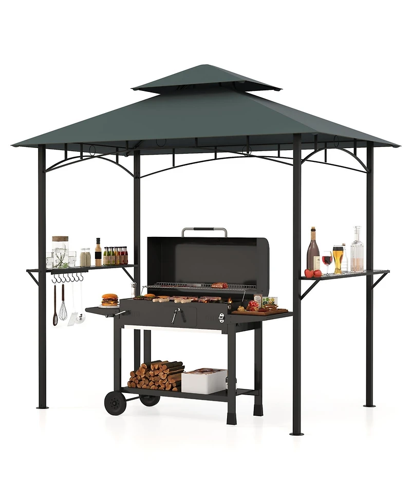 Outdoor Double-Tiered Grill Gazebo Canopy with 2 Shelves and 7 Hooks