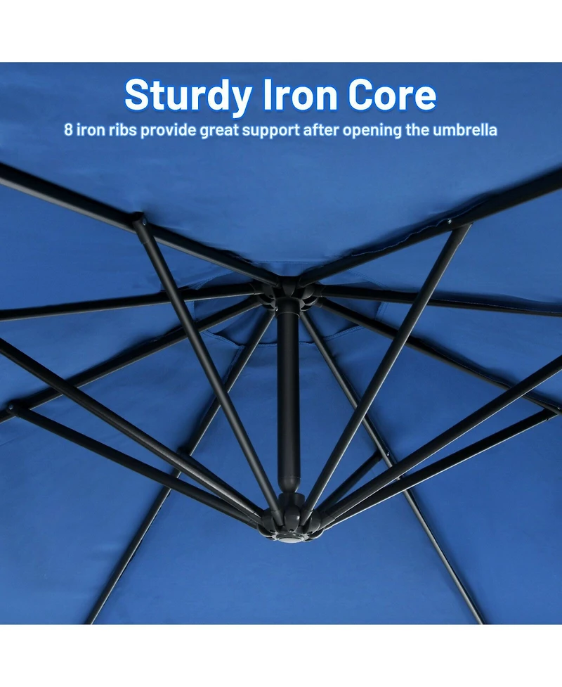 10 Feet Offset Umbrella with 8 Ribs Cantilever and Cross Base-Blue