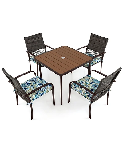 5 Pieces Patio Dining Set 4 Cushioned Rattan Armchairs and Square Table