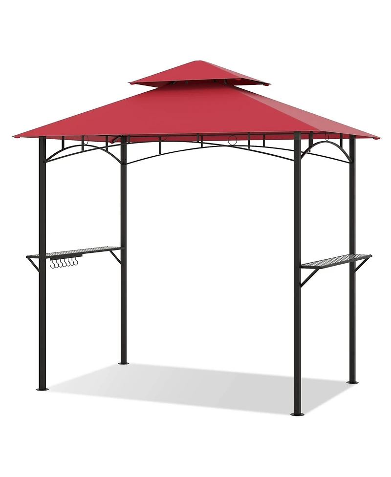 Outdoor Double-Tiered Grill Gazebo Canopy with 2 Shelves and 7 Hooks-Red