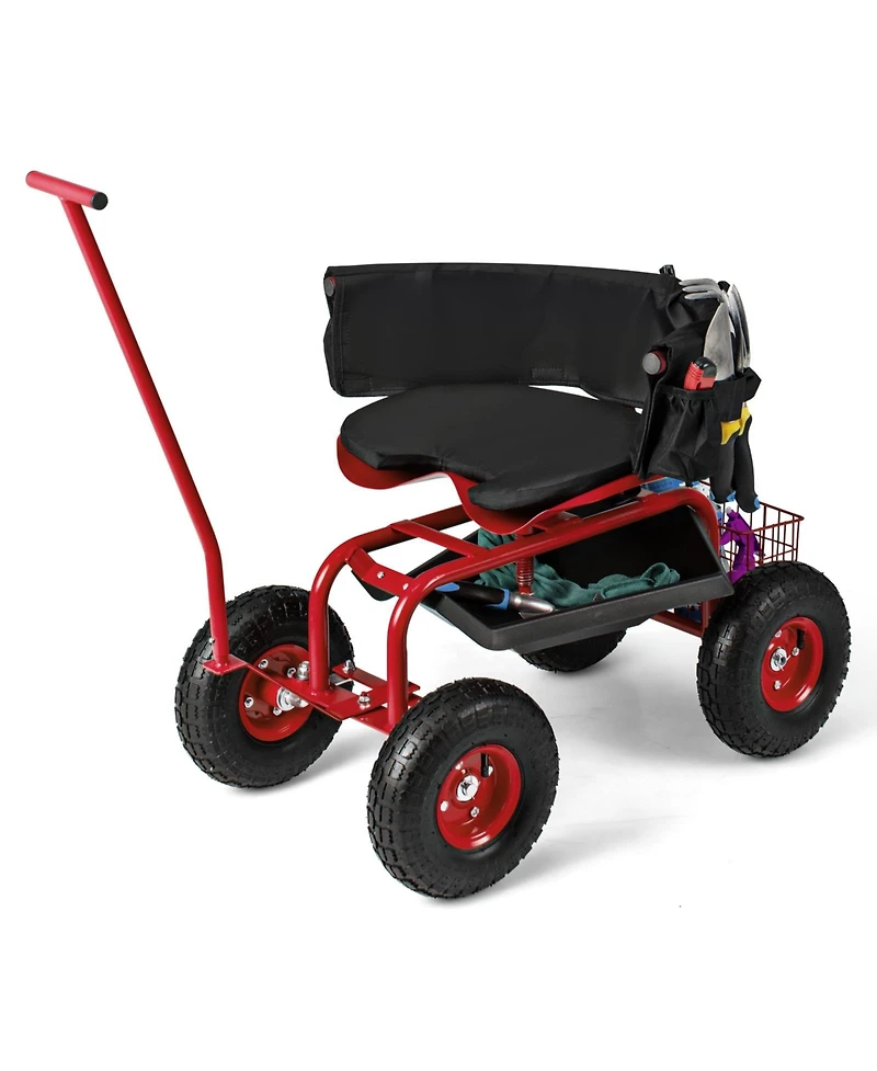 Rolling Garden Cart with Height Adjustable Swivel Seat and Storage Basket