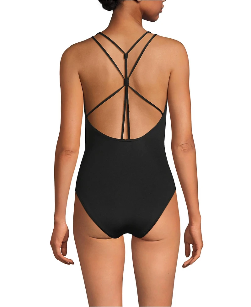 Lands' End Women's Long Tugless QuickDry V-Neck Multi-Way High Leg One Piece Swimsuit