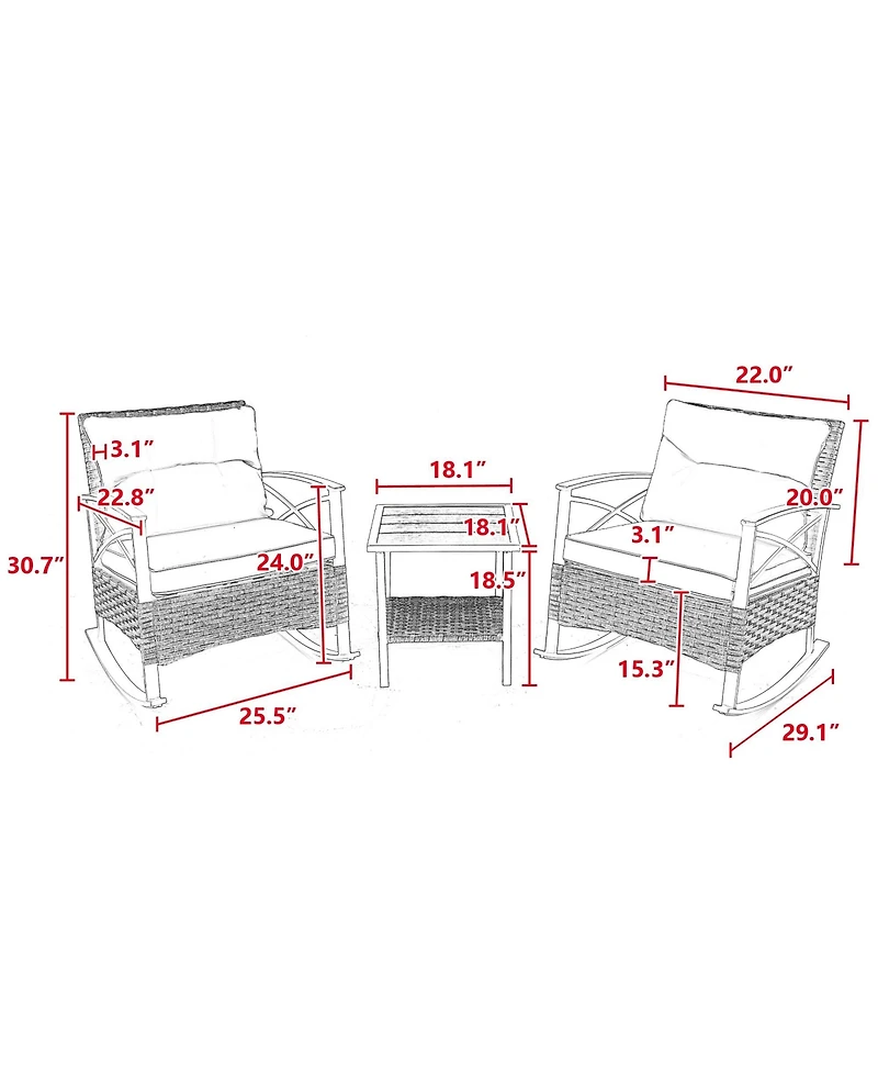 3-Piece Patio Conversation Set, Leisure Chair, Outdoor Rattan Rocking Chair Set Gray