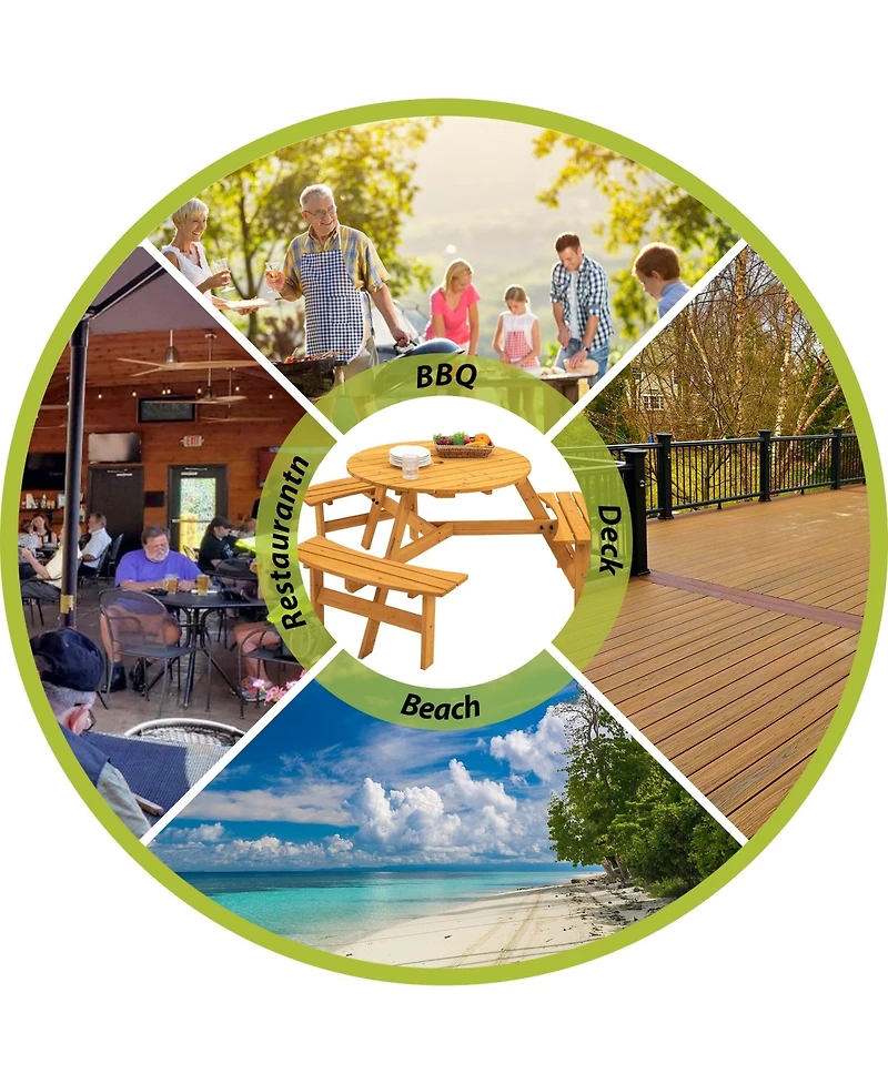6-Person Natural Circular Wood Outdoor Picnic Table Seats 6 People with 3 Built-in Benches and Umbrella Hole
