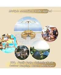 70 in. Natural Light Brown wood 8-Person Round Wooden Outdoor Picnic Table with 4 Built-in Benches and Umbrella Hole