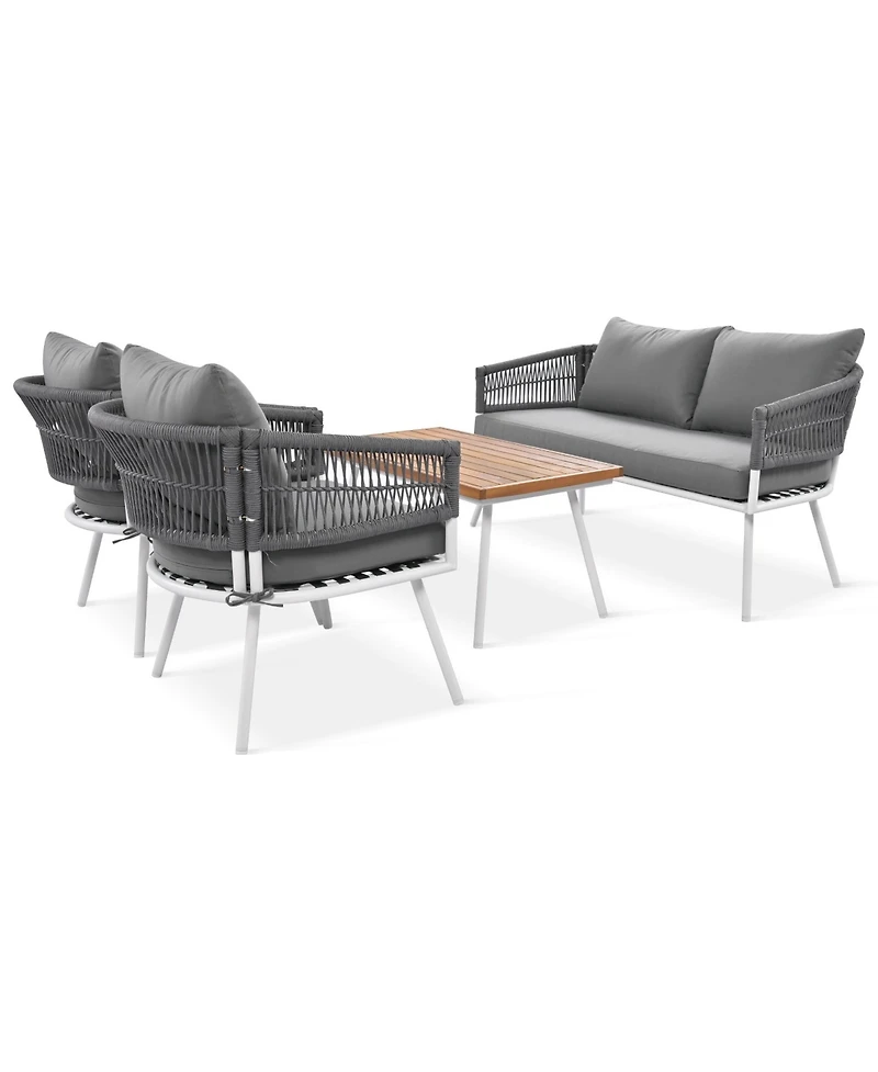 Patio Conversation 4-Piece Boho Rope Patio Furniture Set with Deep Seating and Thick Cushion, Outdoor Furniture with Acacia Wood Table