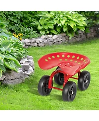 Garden Rolling Workseat with 360° Swivel Seat and Adjustable Height-Red