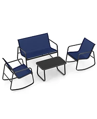 4 Piece Patio Rocking Set with Glass-Top Table-Navy
