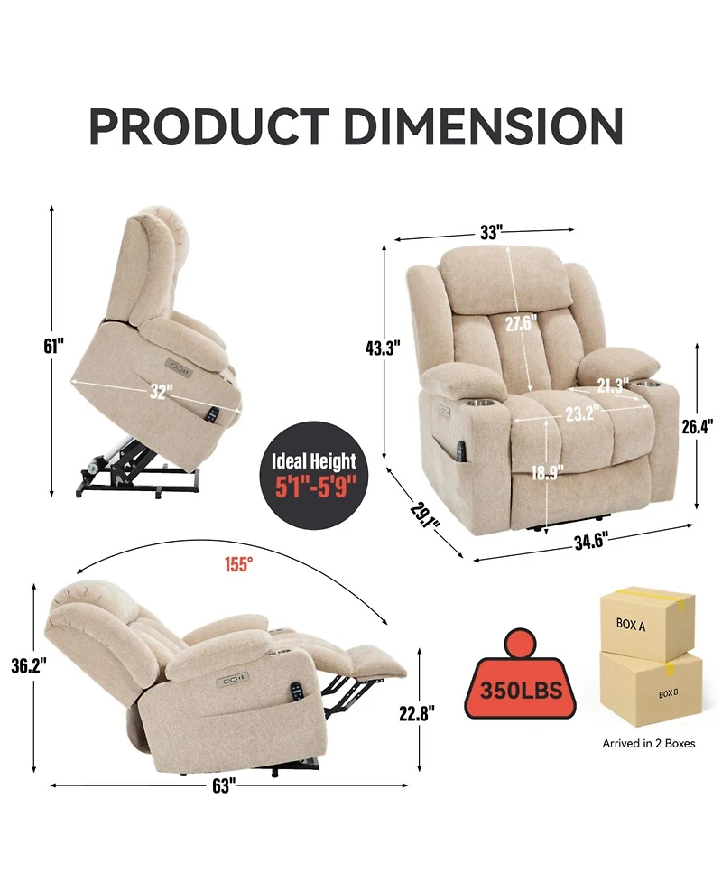 Streamdale Chenille Power Lift Recliner, Massage & Heat, Usb, Cup Holders