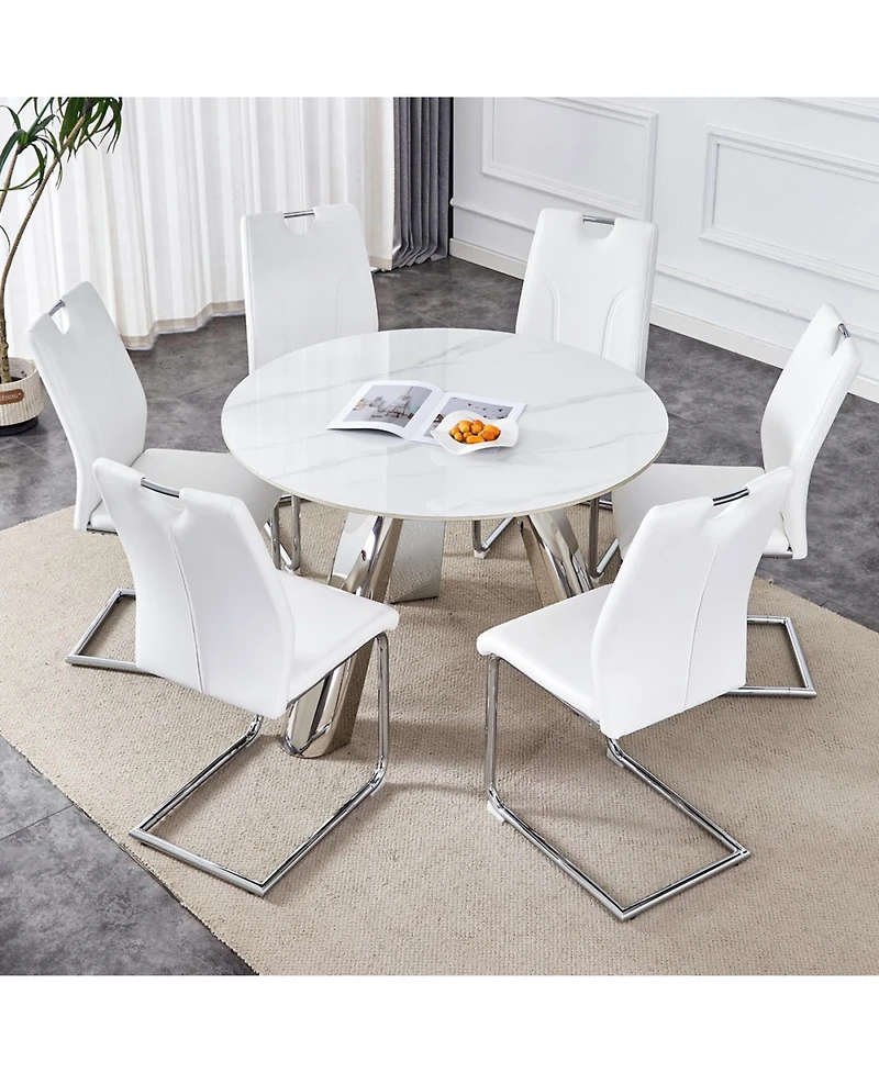 Streamdale 42" Round Sintered Stone Table & 6 White/Silver Chairs