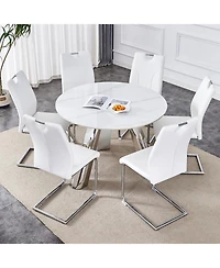 Streamdale 42" Round Sintered Stone Table & 6 White/Silver Chairs
