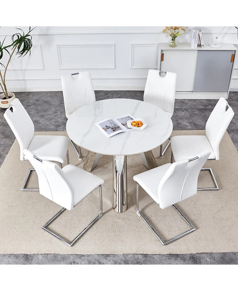 Streamdale 42" Round Sintered Stone Table & 6 White/Silver Chairs