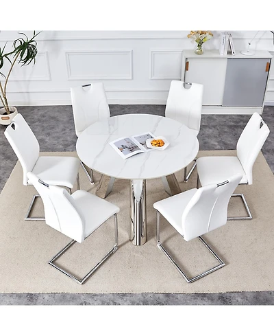 Streamdale 42" Round Sintered Stone Table & 6 White/Silver Chairs