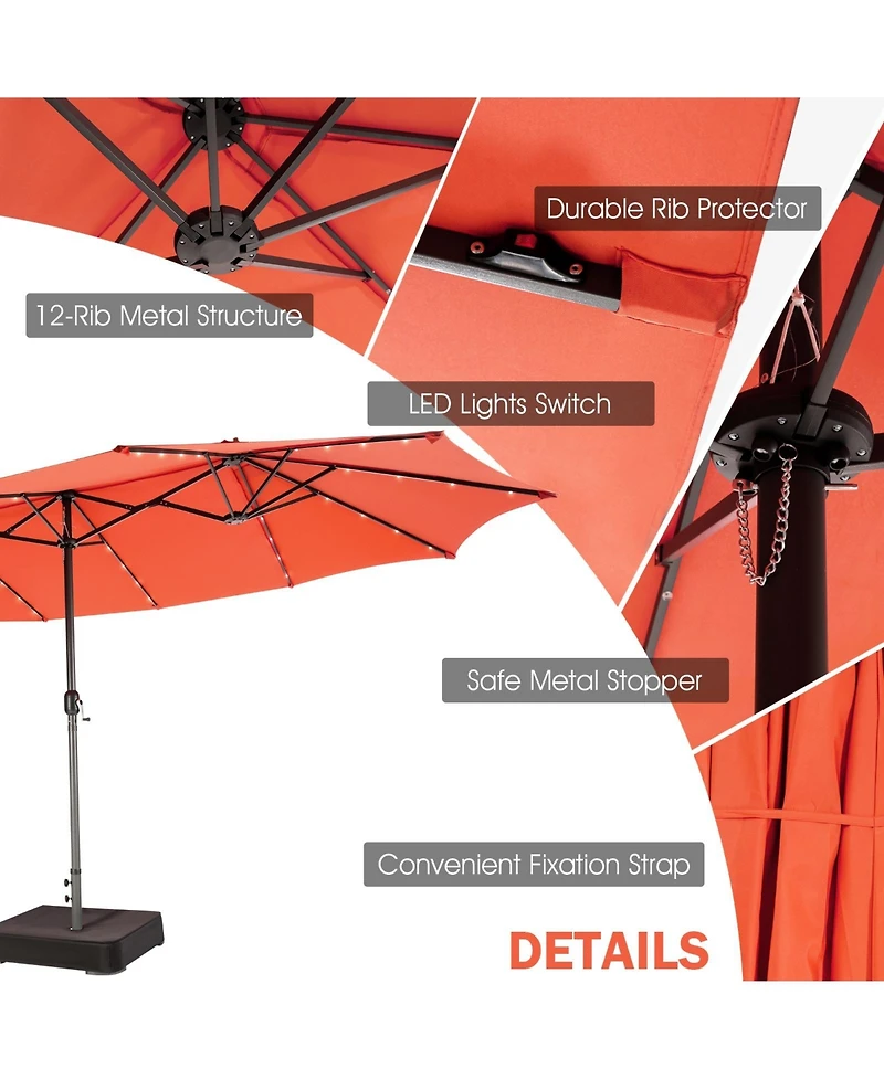 15 Feet Twin Patio Umbrella with 48 Solar Led Lights-Orange