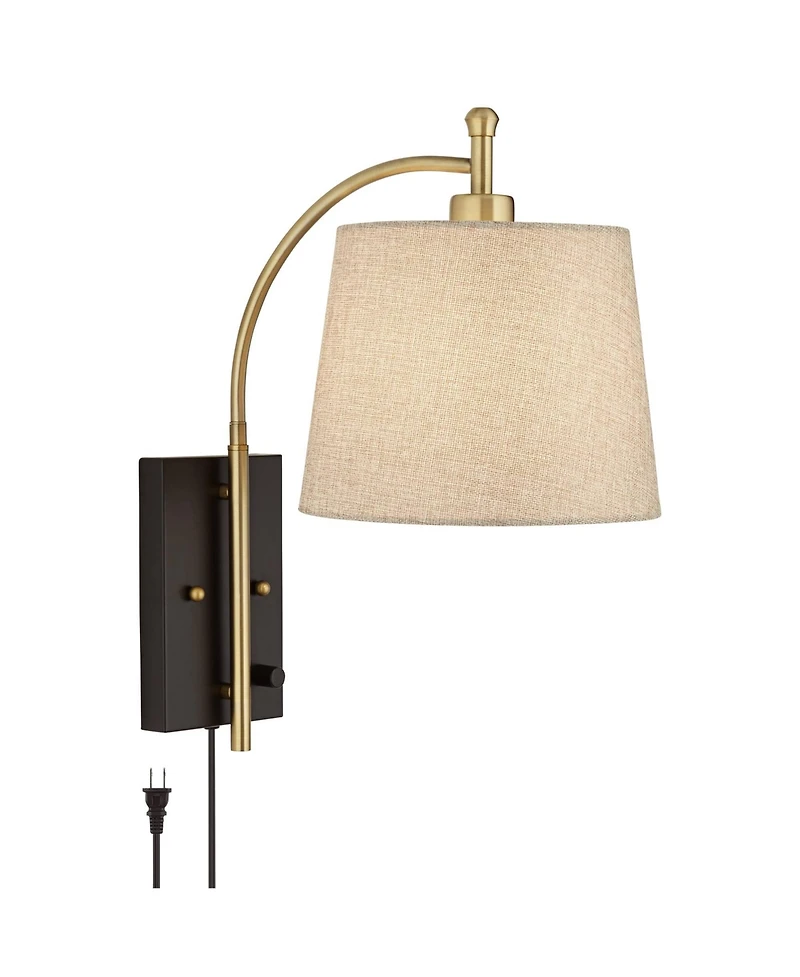 Chester Modern Swing Arm Wall Lamp Antique Brass Black Metal Plug-In Light Fixture Dimmable Tan Drum Shade for Bedroom Bedside House Reading Living Ro