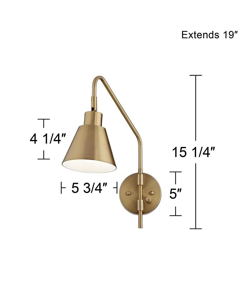 Marybel Modern Adjustable Swing Arm Wall Lamps Set of 2 Brass Gold Plug-In Light Fixture Tapered Cone Metal Shade for Bedroom Bedside House Reading Li