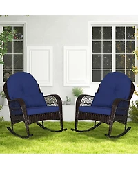 Patio Rattan Rocking Chair with Seat Back Cushions and Waist Pillow-Navy