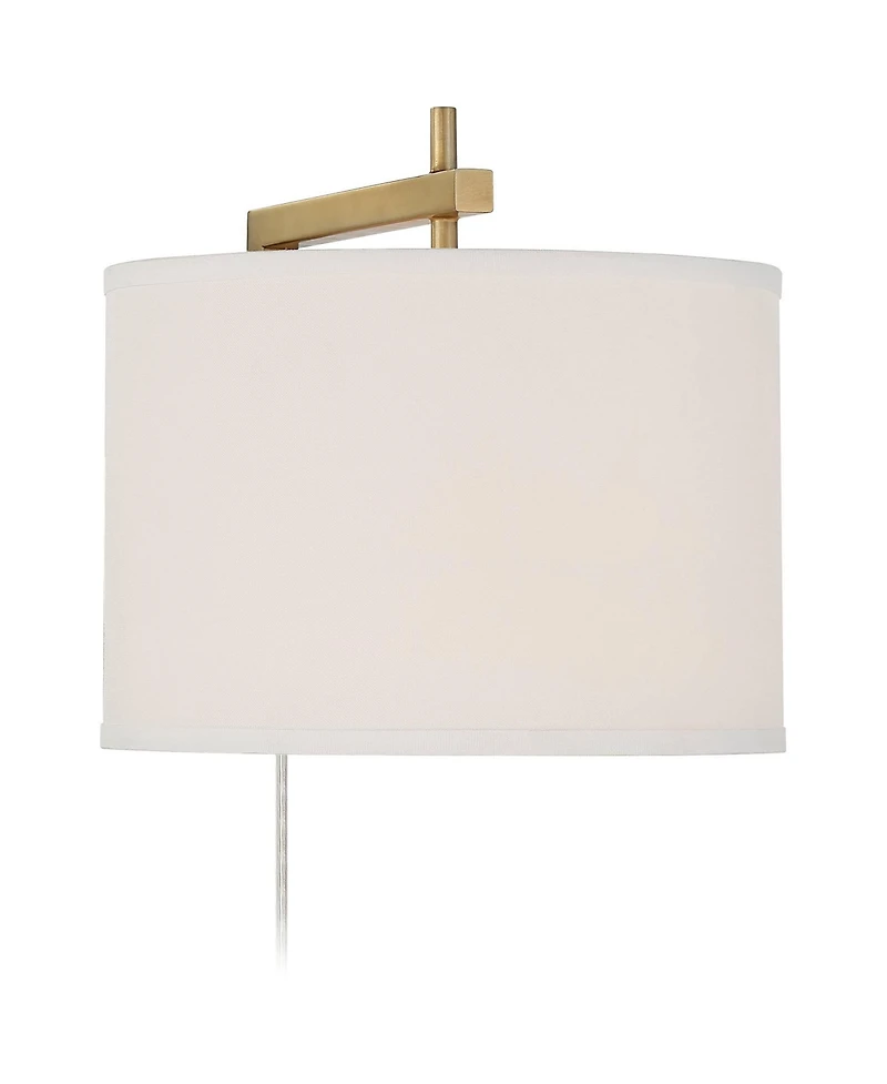 Adair Mid Century Modern Wall Lamps Set of 2 Warm Brass Gold Metal Plug-In 12" Fixture Linen Drum Shade for Bedroom Bedside House Reading Living