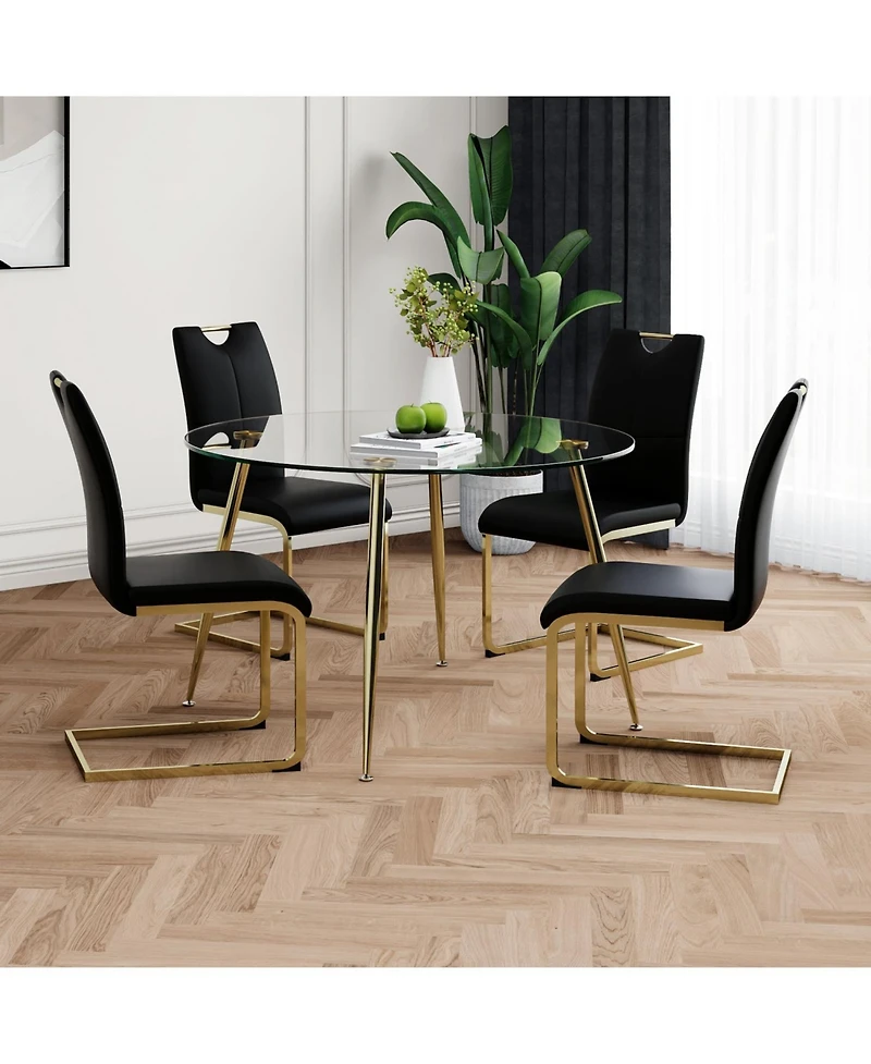 Streamdale Glass Dining Set Round Table, Gold Legs, 4 Black Chairs