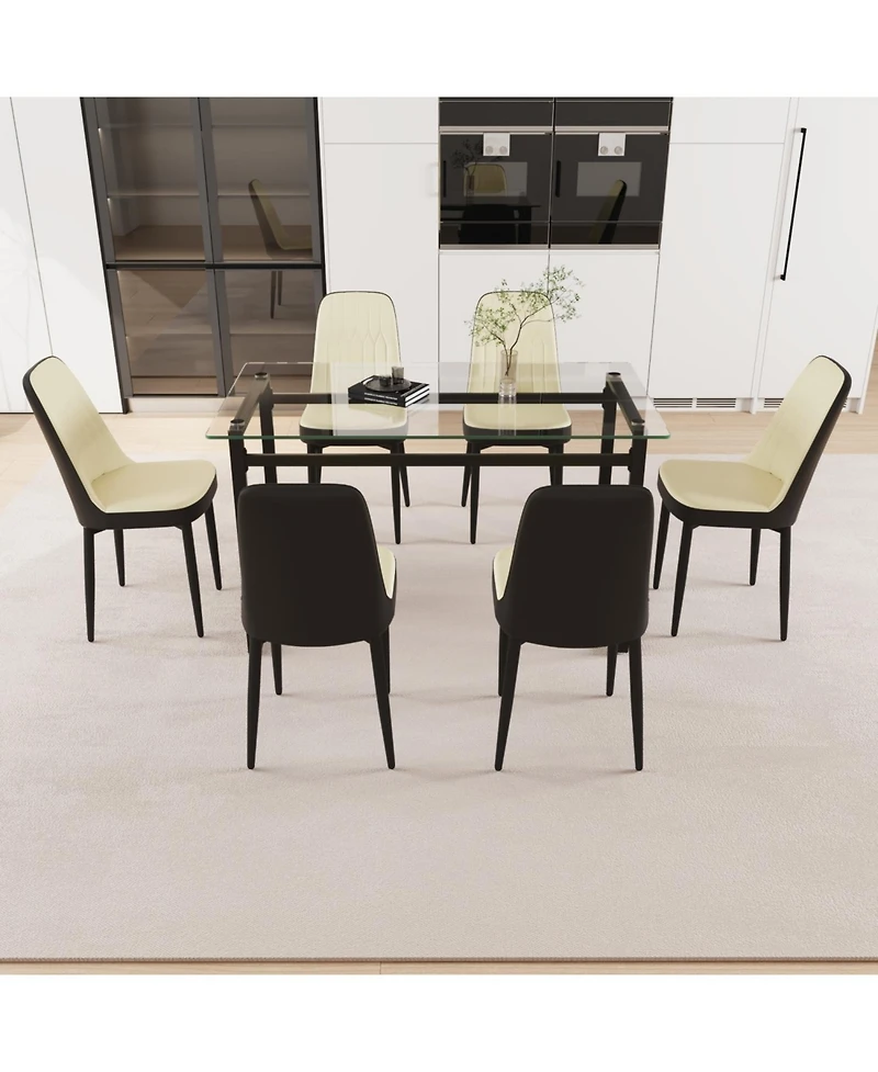Streamdale 51" Glass Dining Table Set, Black Metal Legs & Pu Chairs