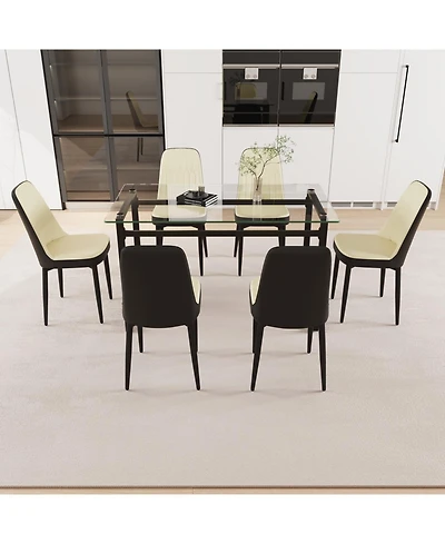 Streamdale 51" Glass Dining Table Set, Black Metal Legs & Pu Chairs