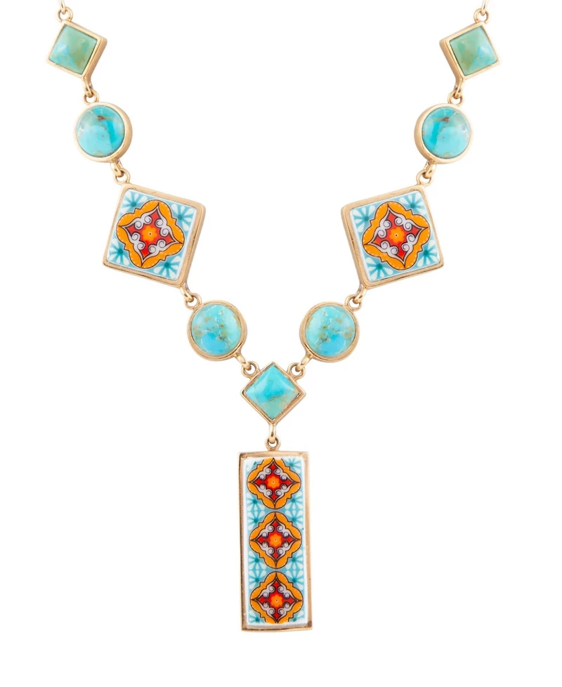 Barse Talavera Tile and Blue Turquoise Golden Y Necklace