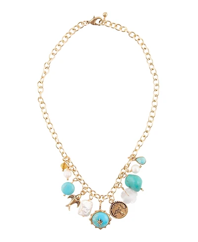 Barse Blue Turquoise and White Cultivated Pearl Multi Charm Necklace