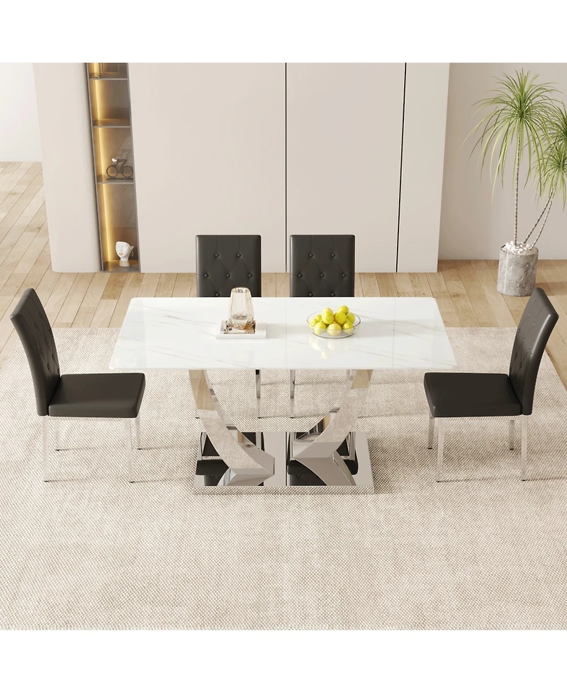Modern Glass Dining Table Set with 4 Black Chairs