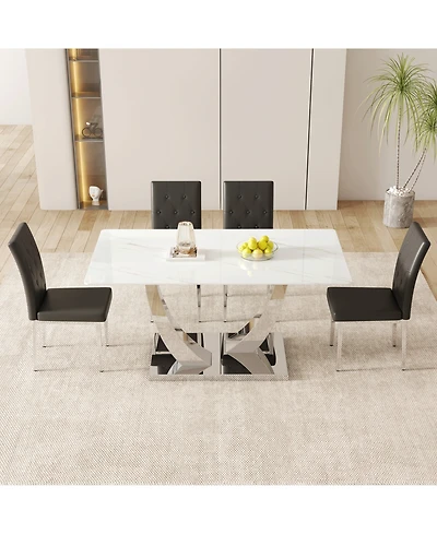 Modern Glass Dining Table Set with 4 Black Chairs