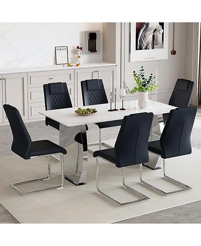 Snow Mountain White Sintered Stone Dining Set - 6 Black Pu Chairs