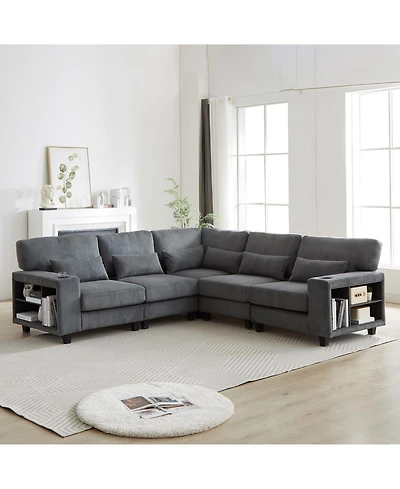 Streamdale L-Shaped Corduroy Sectional Sofa with Storage & Cup Holder