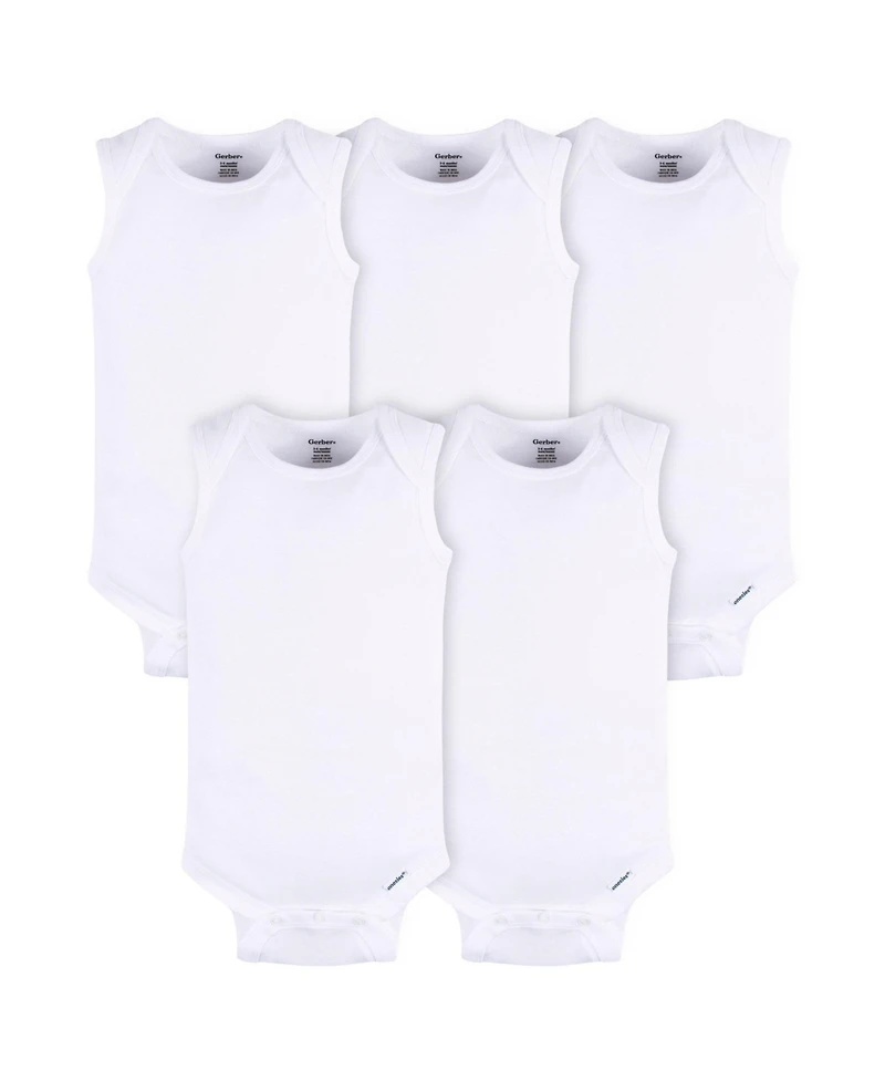 Gerber Baby Boys or Girls White Sleeveless Onesies Bodysuits, 5-Pack