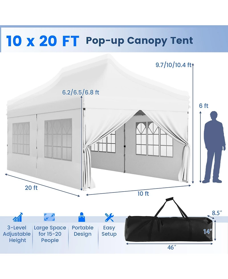 10 x 20 Ft Pop up Canopy with 6 Sidewalls and Windows and Carrying Bag for Party Wedding Picnic-White