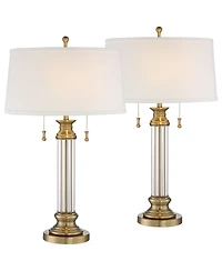 Vienna Full Spectrum Rolland Traditional Table Lamps 30" Tall Set of 2 Antique Brass Crystal Off White Drum Shade for Bedroom Living Room Nightst
