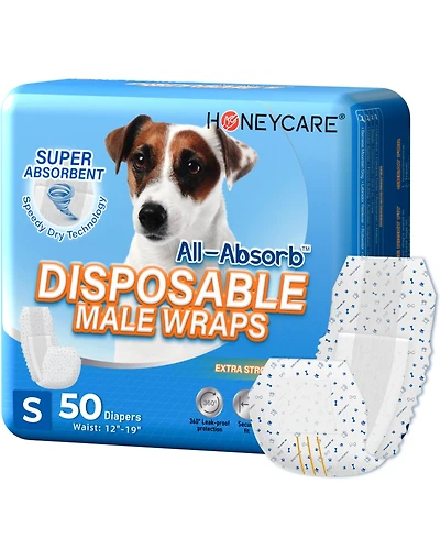 HoneyCare Paw & Dog Bone Print All-Absorb A26 Male Dog Wrap, Small, 100ct